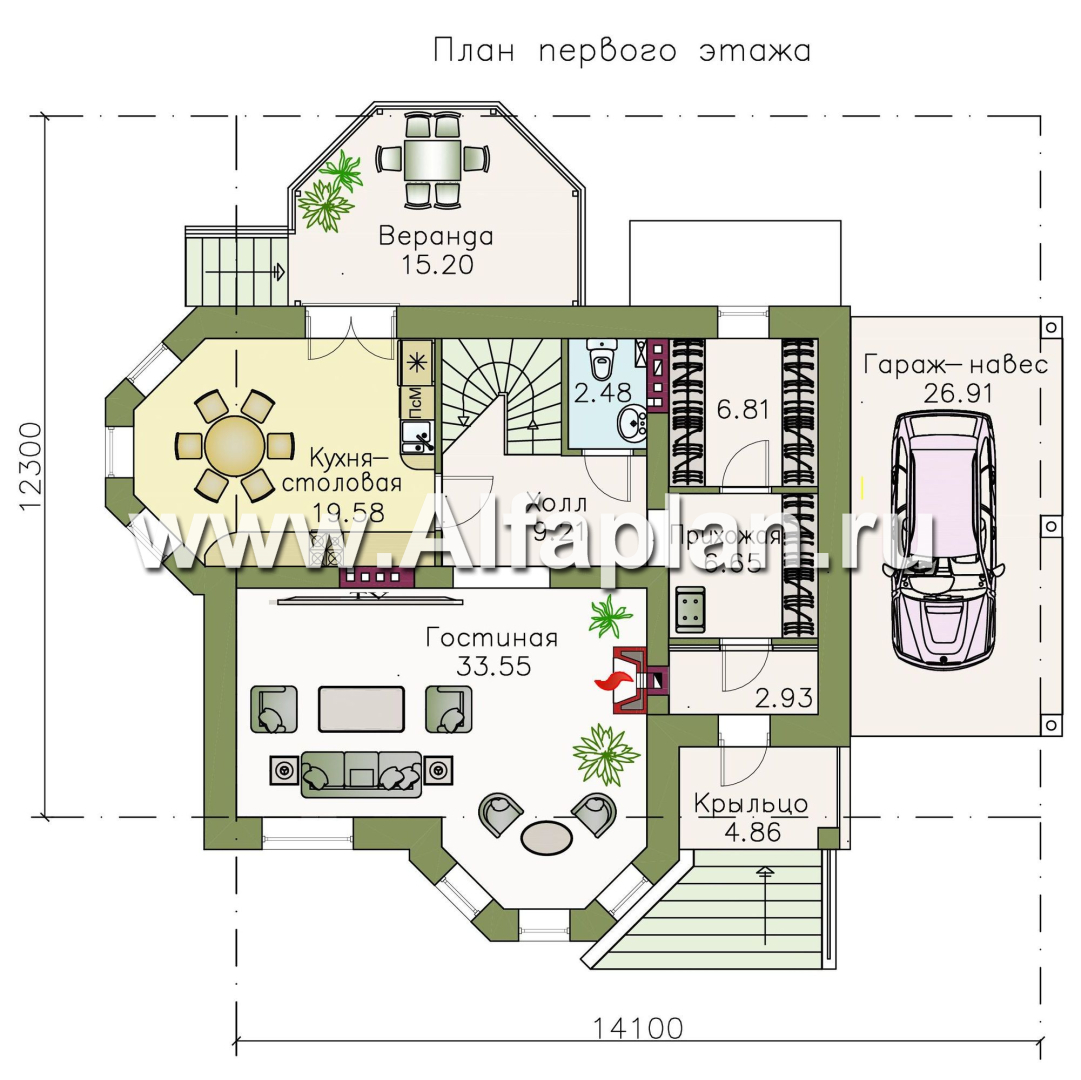 Изображение плана проекта «Классика» - проект двухэтажного дома с эркером, планировка с кабинетом на 1 эт и с террасой, с цокольным этажом №2