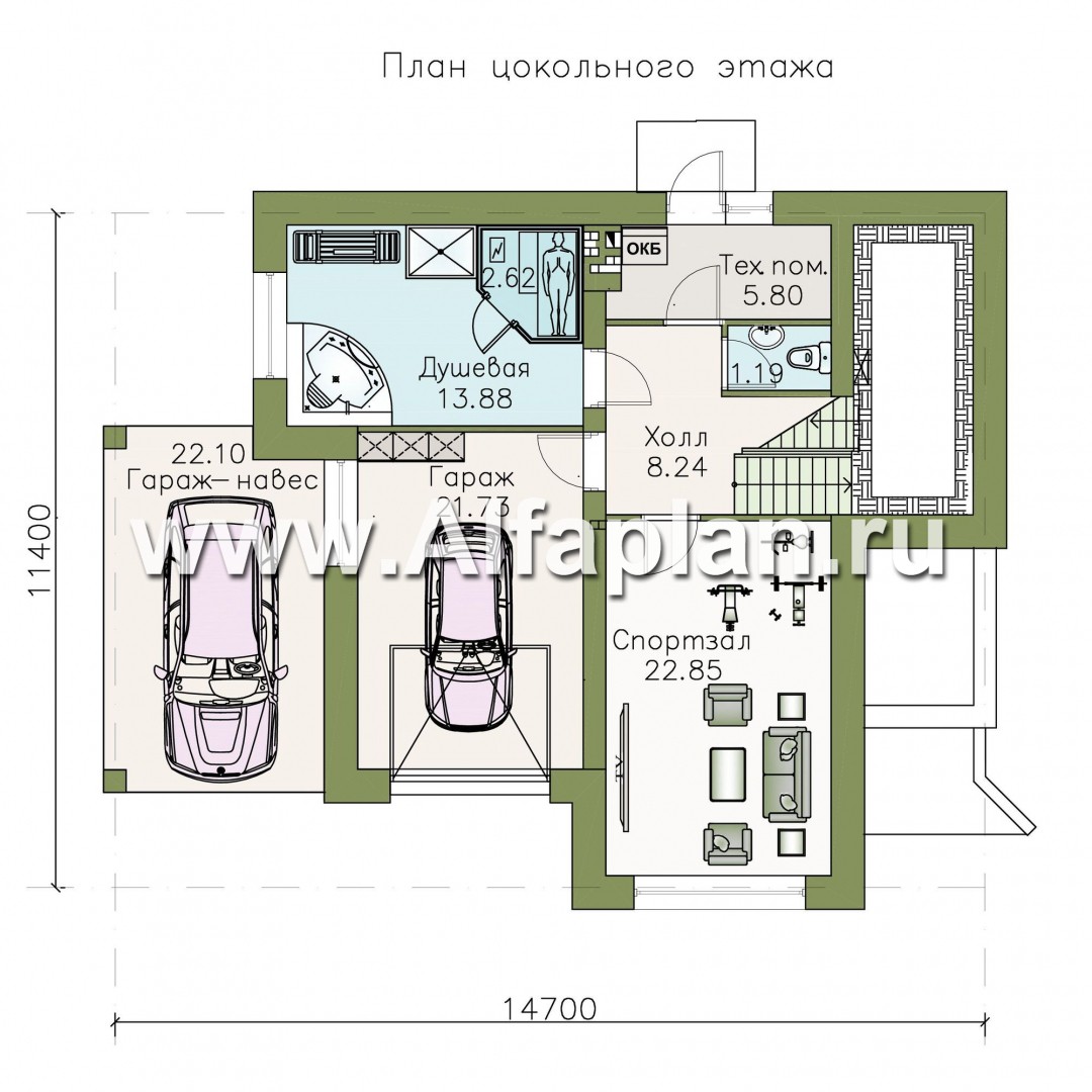 Изображение плана проекта Проект трехэтажного дома из газобетона «Аура», с гаражом в цоколе, с сауной и спортзалом, в современном стиле №1