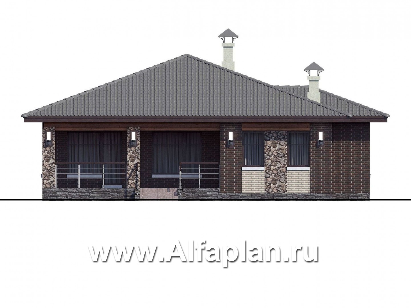 Проекты домов Альфаплан - «Волхов» - уютный одноэтажный коттедж с тремя спальнями - изображение фасада №4