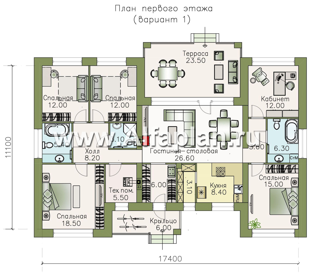 Проекты домов Альфаплан - «Ангара» - проект просторного одноэтажного дома, 5 спален - план проекта №1