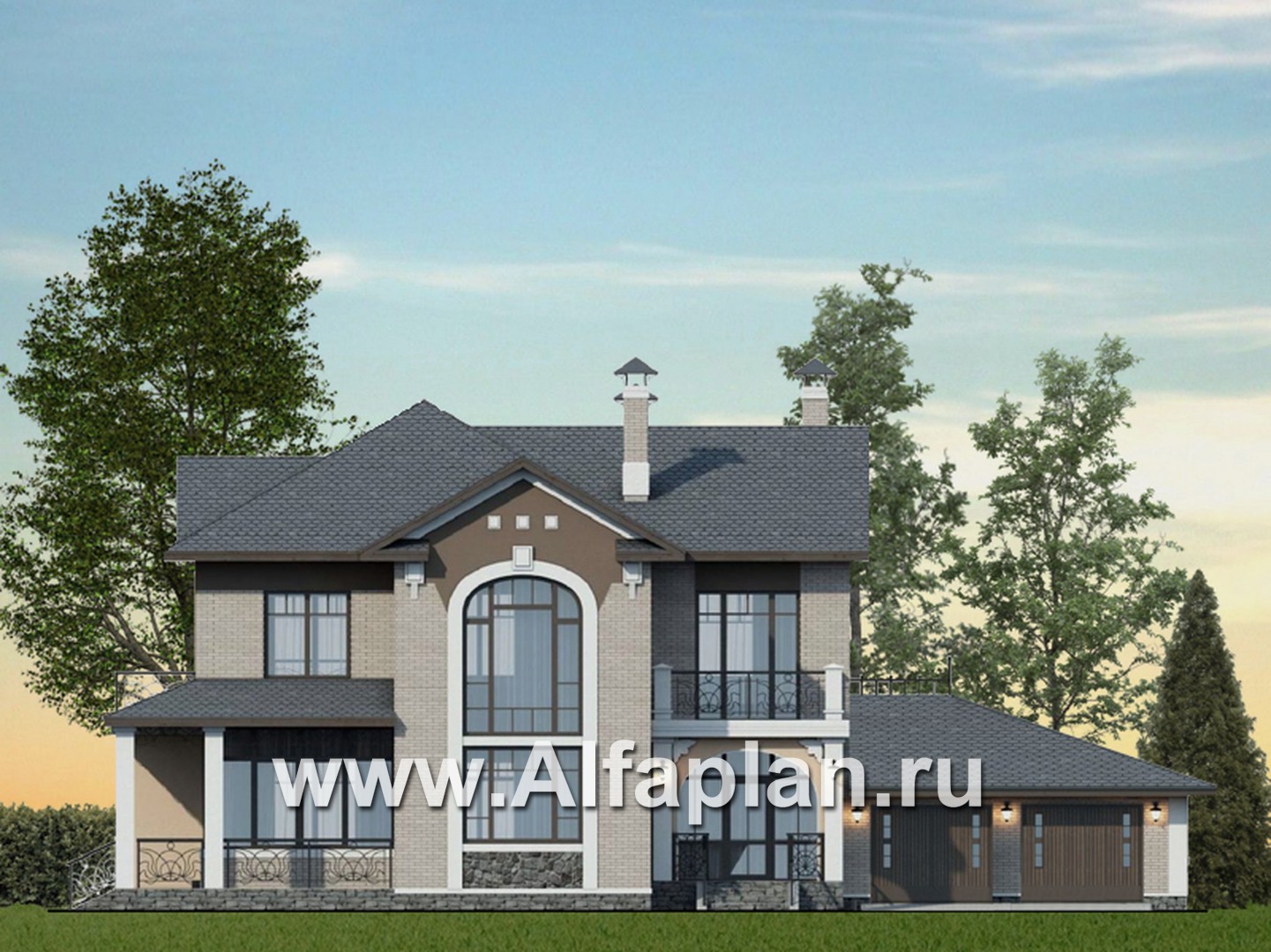 Проекты домов Альфаплан - «Голицын»- коттедж с двусветной гостиной и гаражом на два автомобиля - основное изображение