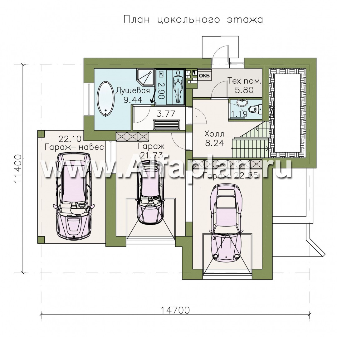 Изображение плана проекта Проект трехэтажного дома из газобетона «Аура», с гаражом на 2 авто в цоколе, с сауной, в современном стиле №1