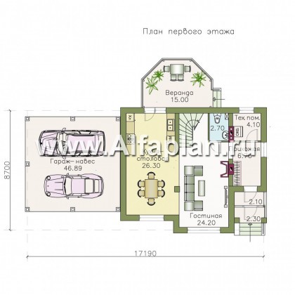 Проекты домов Альфаплан - «Летний вечер» - небольшой коттедж с нaвесом для машин - превью плана проекта №1