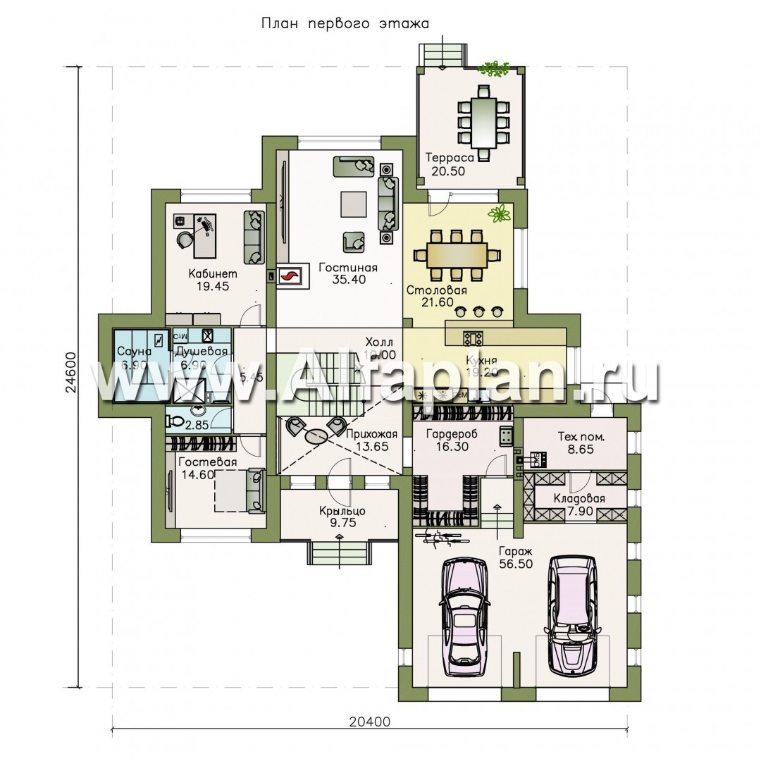 Изображение плана проекта «Двина» — проект двухэтажного дома, особняк с биллиардной и с террасой, с гаражом на 2 авто №1