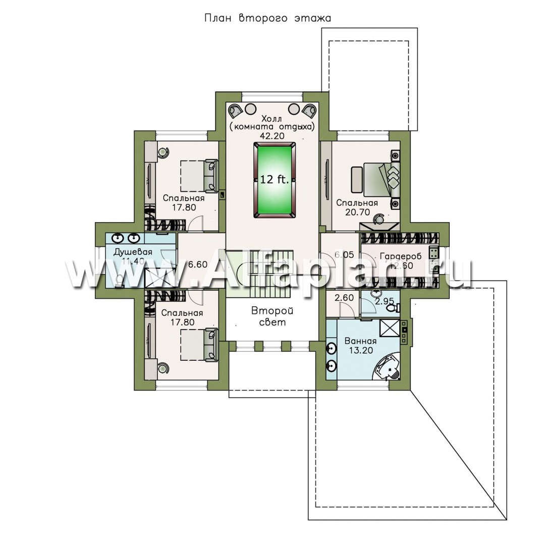 Изображение плана проекта «Двина» — проект двухэтажного дома, особняк с биллиардной и с террасой, с гаражом на 2 авто №2