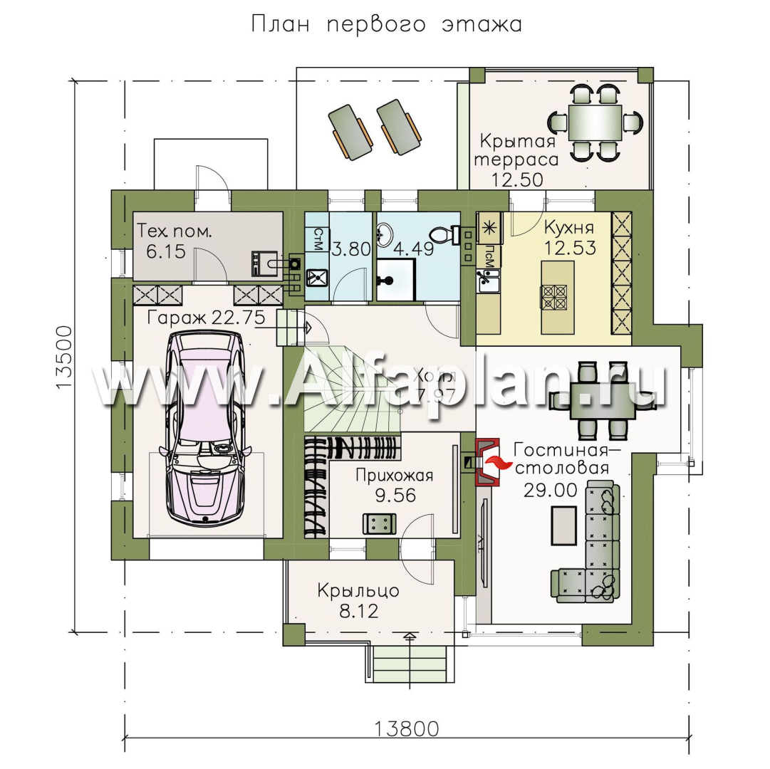 Изображение плана проекта «Лотос» - проект современного двухэтажного дома, 4 спальни, с террасой, в стиле минимализм, с гаражом №1
