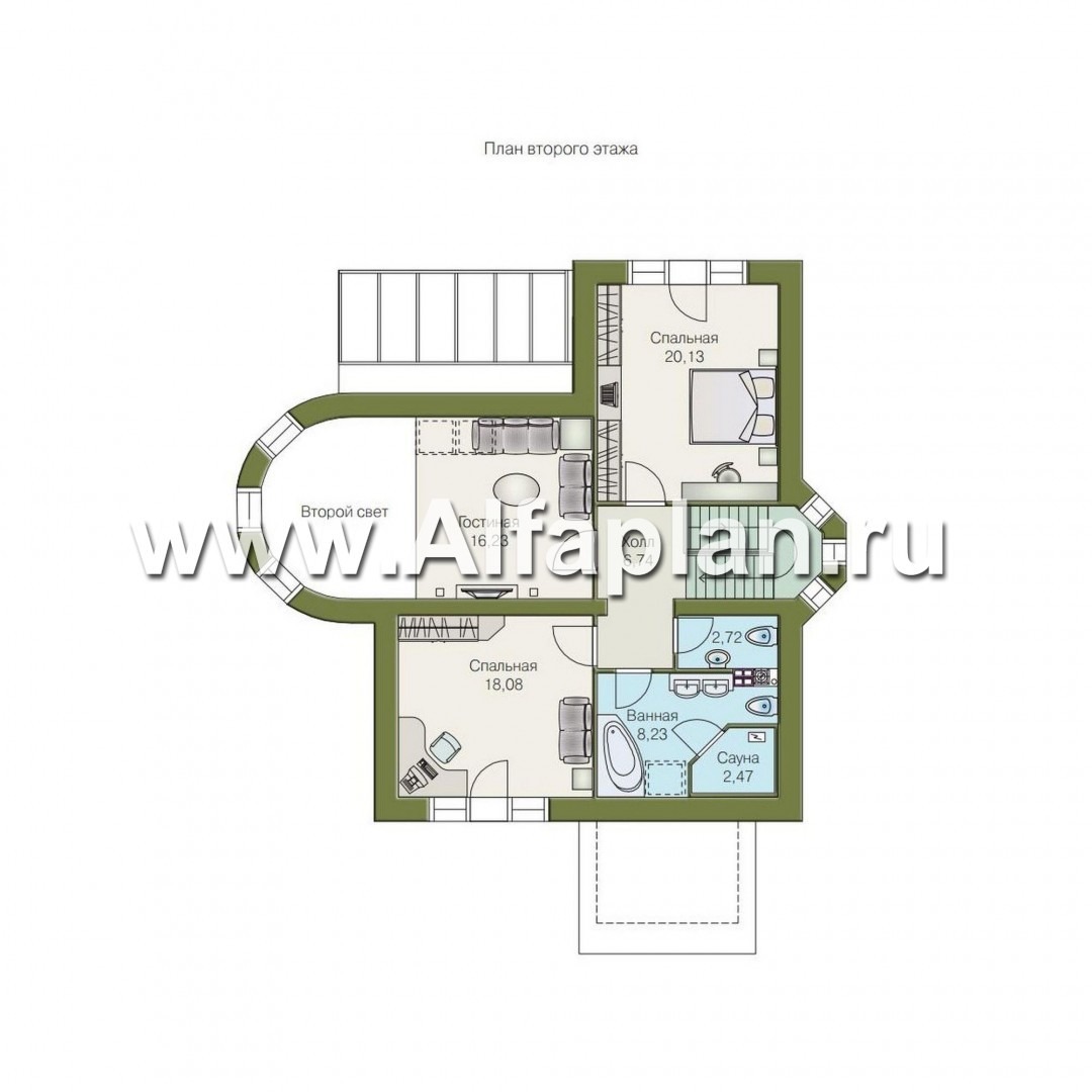 Изображение плана проекта «Солярис» - проект дома с мансардой из газобетона, с террасой,  с двусветной гостиной №2