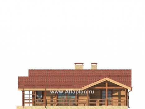 Проект одноэтажного дома из бруса, с террасой и дровником, 3 спальни и кабинет - превью фасада дома