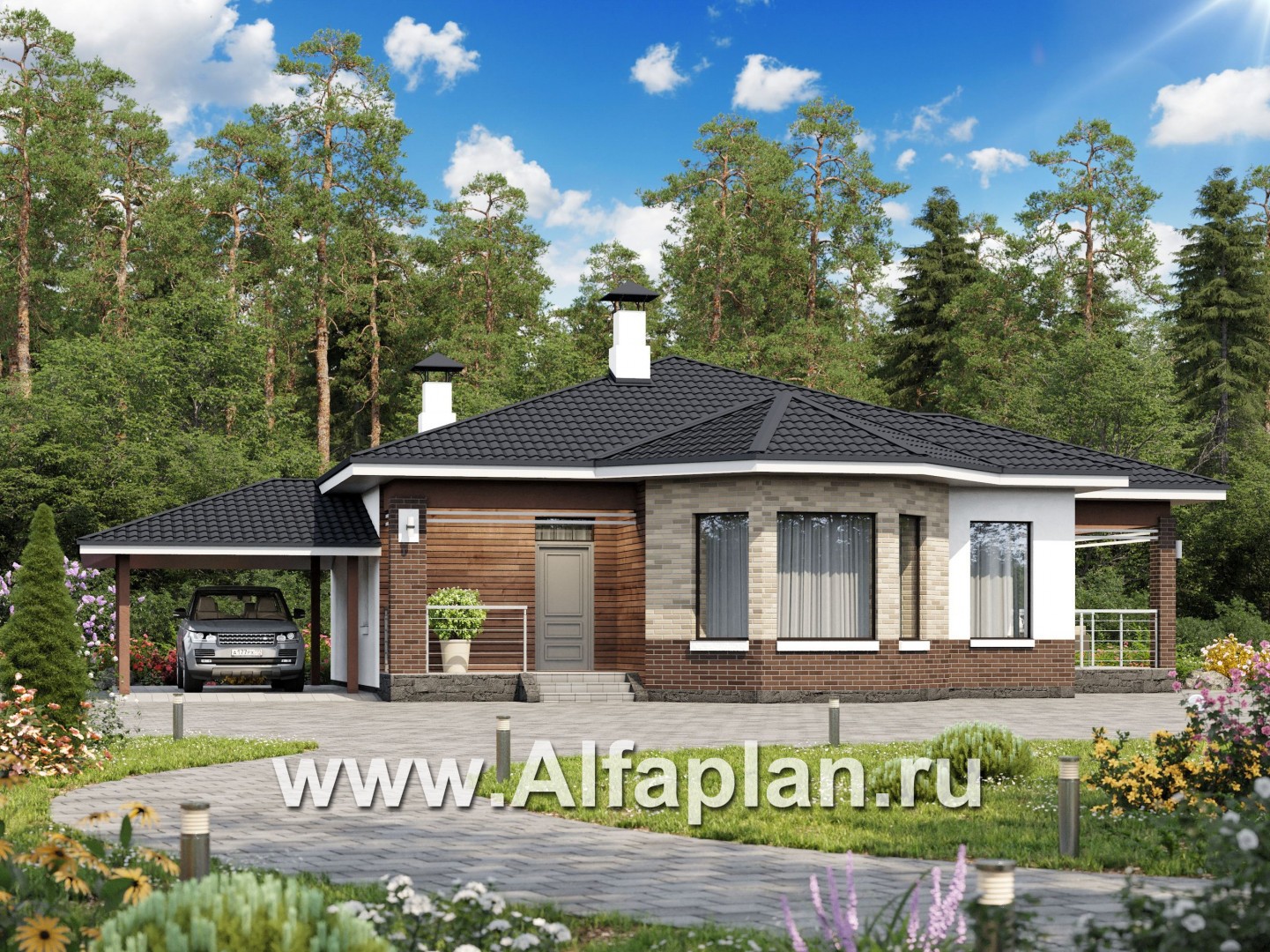 Проекты домов Альфаплан - «Гемера» - стильный одноэтажный дом с эркером и гаражом-навесом - основное изображение
