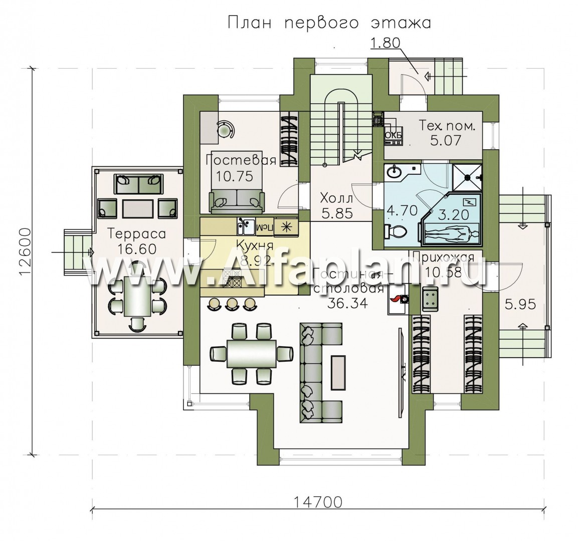 Изображение плана проекта «Арктур» - проект дома с мансардой, из газобетона, с сауной и с террасой, современный стиль №1