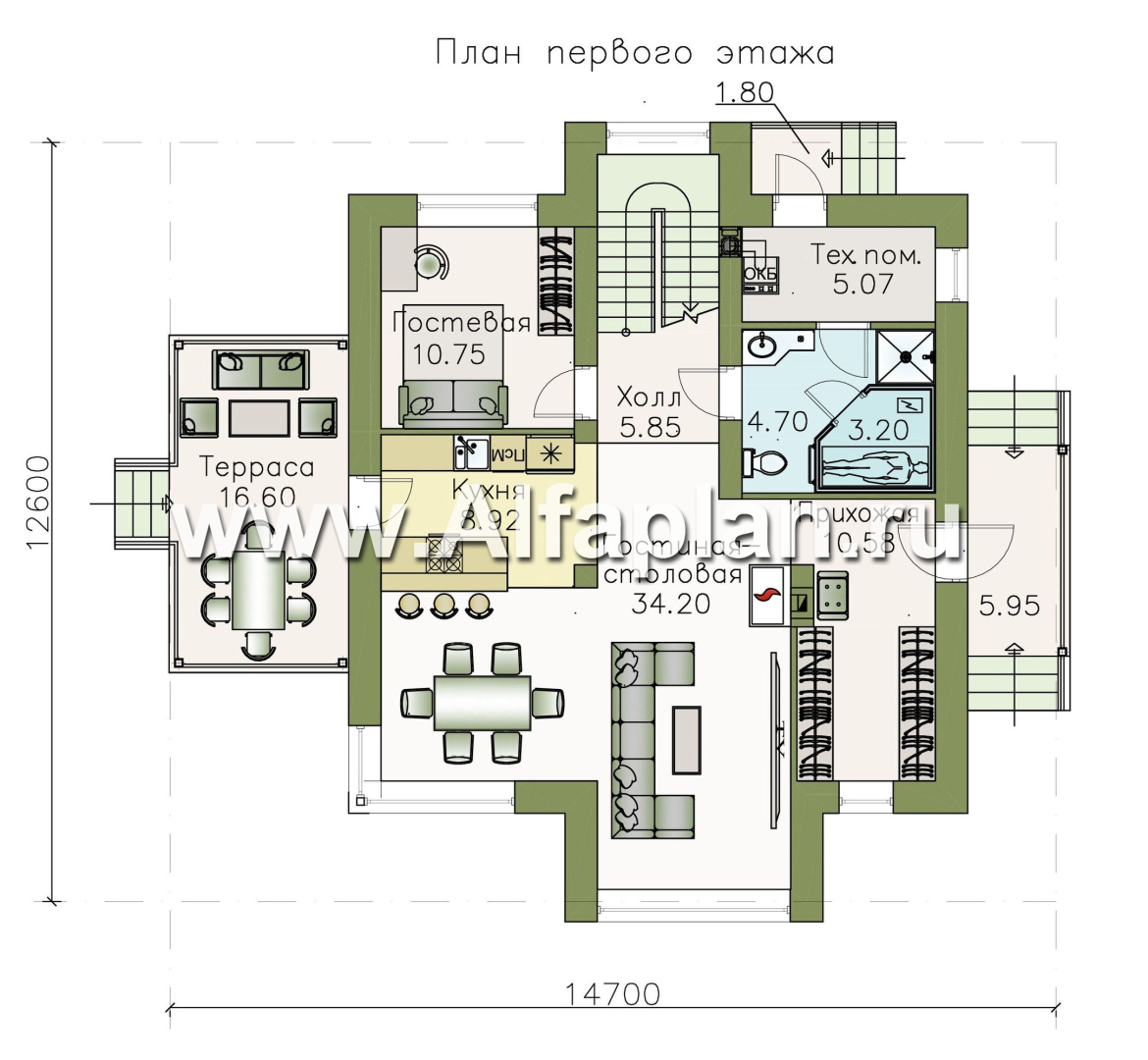 Изображение плана проекта «Альтаир» - проект дома с мансардой, из кирпича или газобетона, с террасой, современный стиль №1