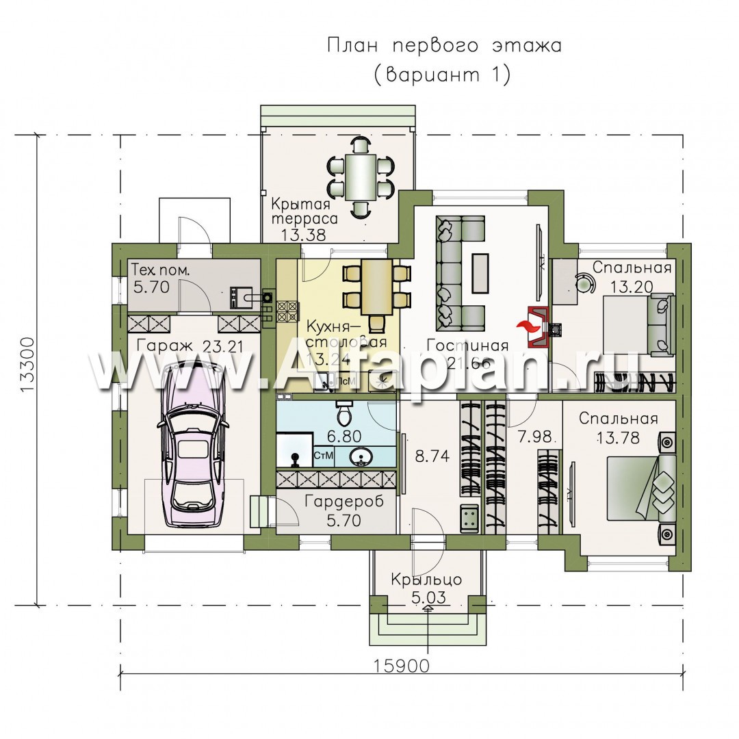 Изображение плана проекта «Бирюса» - проект одноэтажного коттеджа, с террасой, планировка 2 спальни и гараж на 1 авто, для небольшой семьи №1