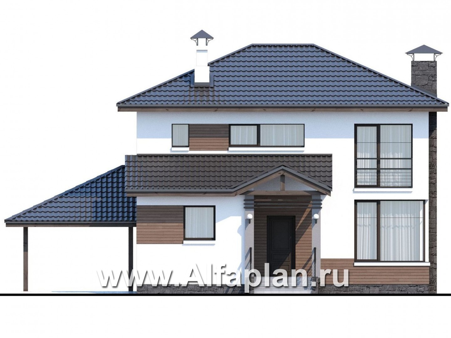 Проекты домов Альфаплан - Кирпичный дом «Карат» с гаражом навесом - изображение фасада №1