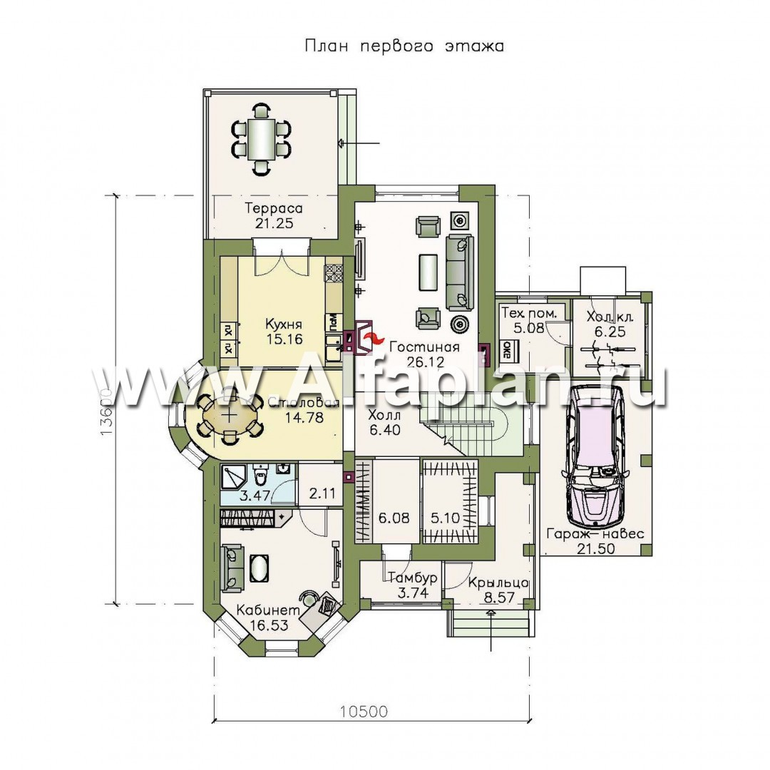 Проекты домов Альфаплан - «Эллада» - компактный особняк с гаражом-навесом - изображение плана проекта №1