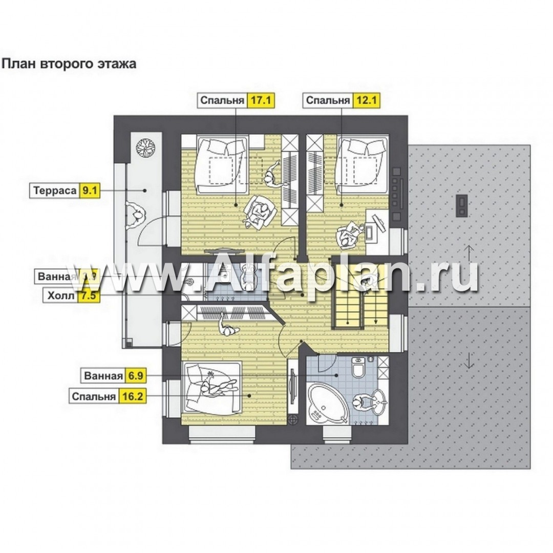 Изображение плана проекта Проект дома с мансардой, план с кабинетом на 1 эт и с сауной, в современном стиле №2