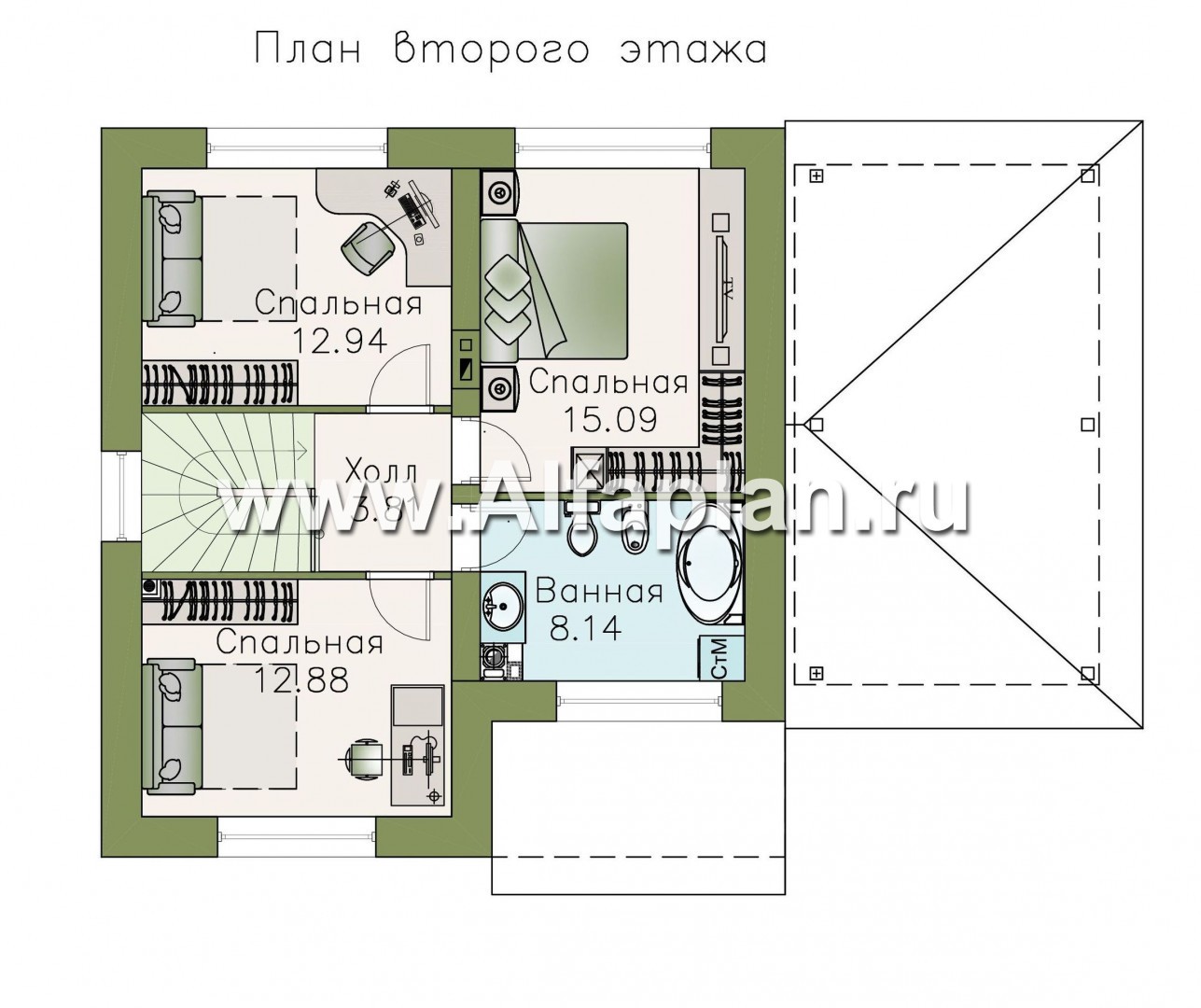 Проекты домов Альфаплан - Кирпичный дом «Собственный рай» с навесом для машины - изображение плана проекта №2