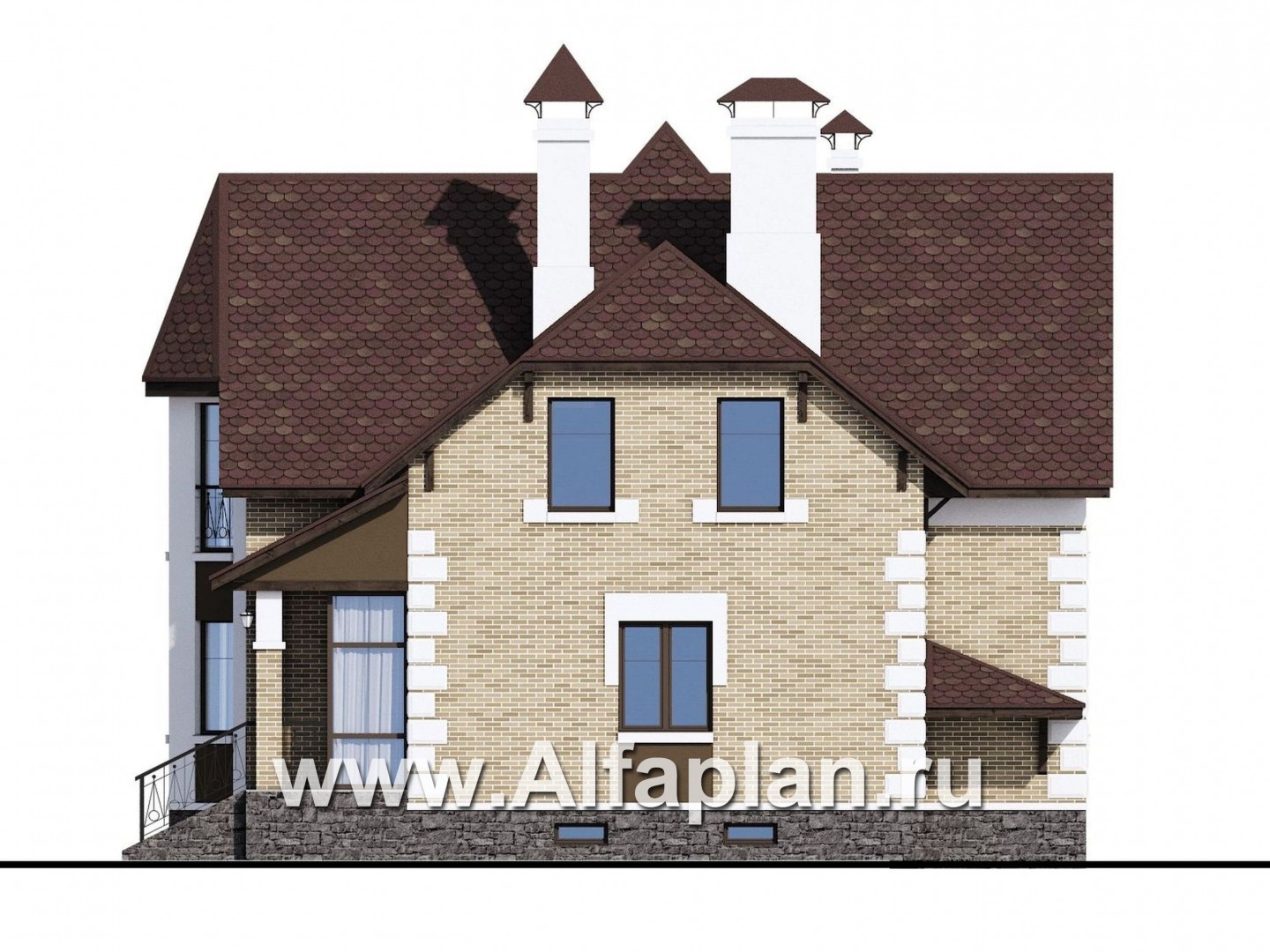 Проекты домов Альфаплан - «Клио Плюс» - коттедж с  цокольным этажом и угловой террасой - изображение фасада №2