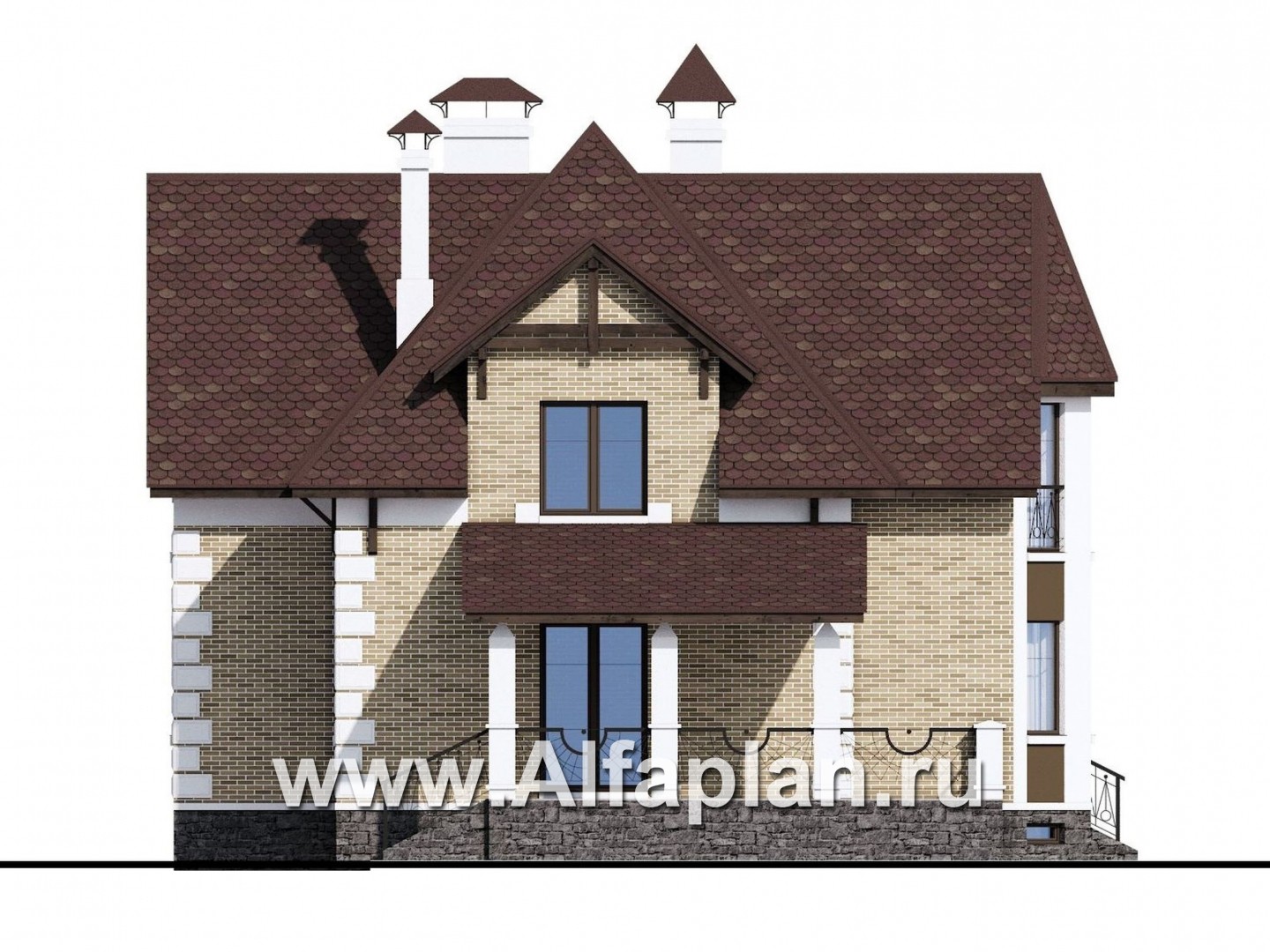 Проекты домов Альфаплан - «Клио Плюс» - коттедж с  цокольным этажом и угловой террасой - изображение фасада №3
