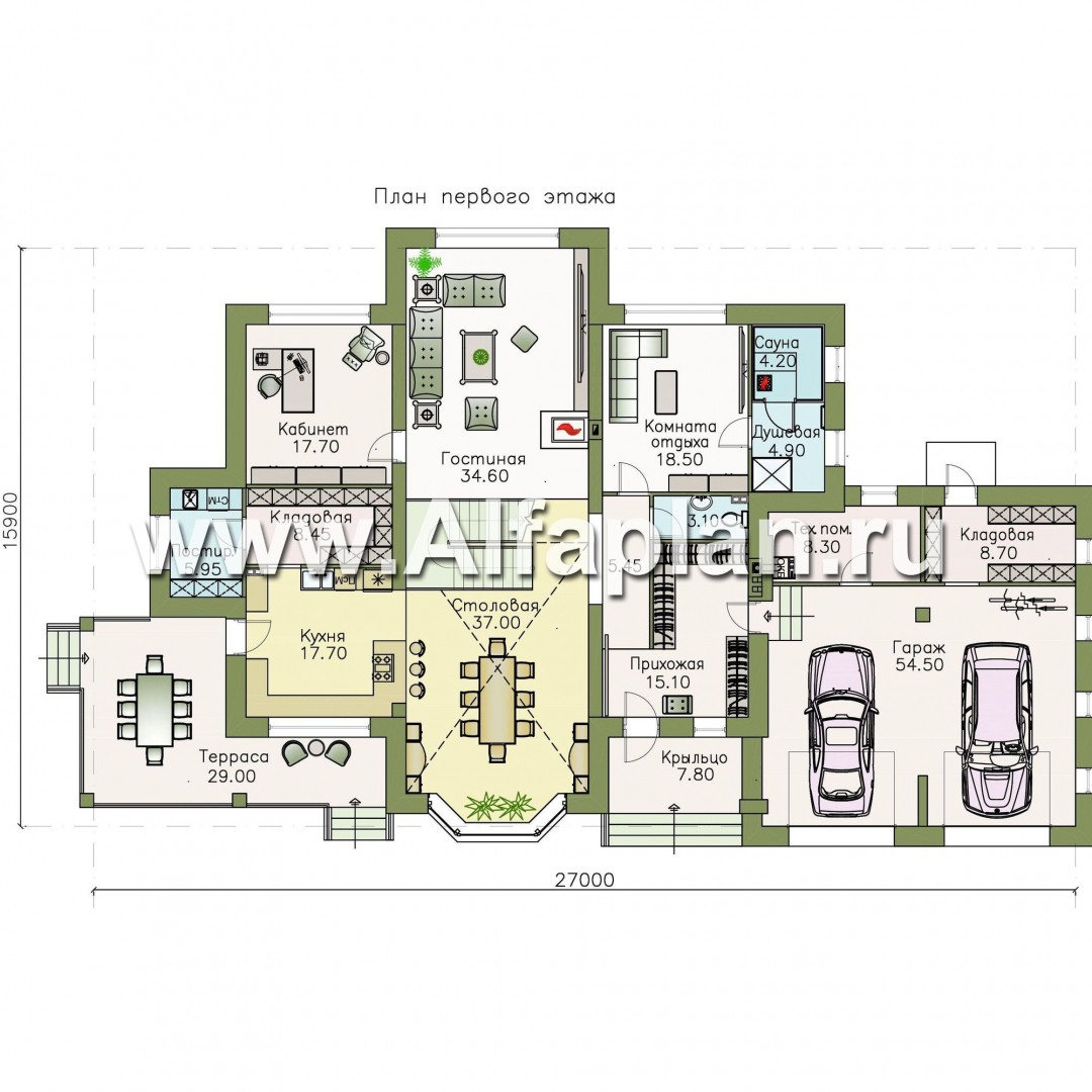 Изображение плана проекта «Сена» —проект двухэтажного дома, особняк с эркером в двусветной столовой, с террасой и сауной №1
