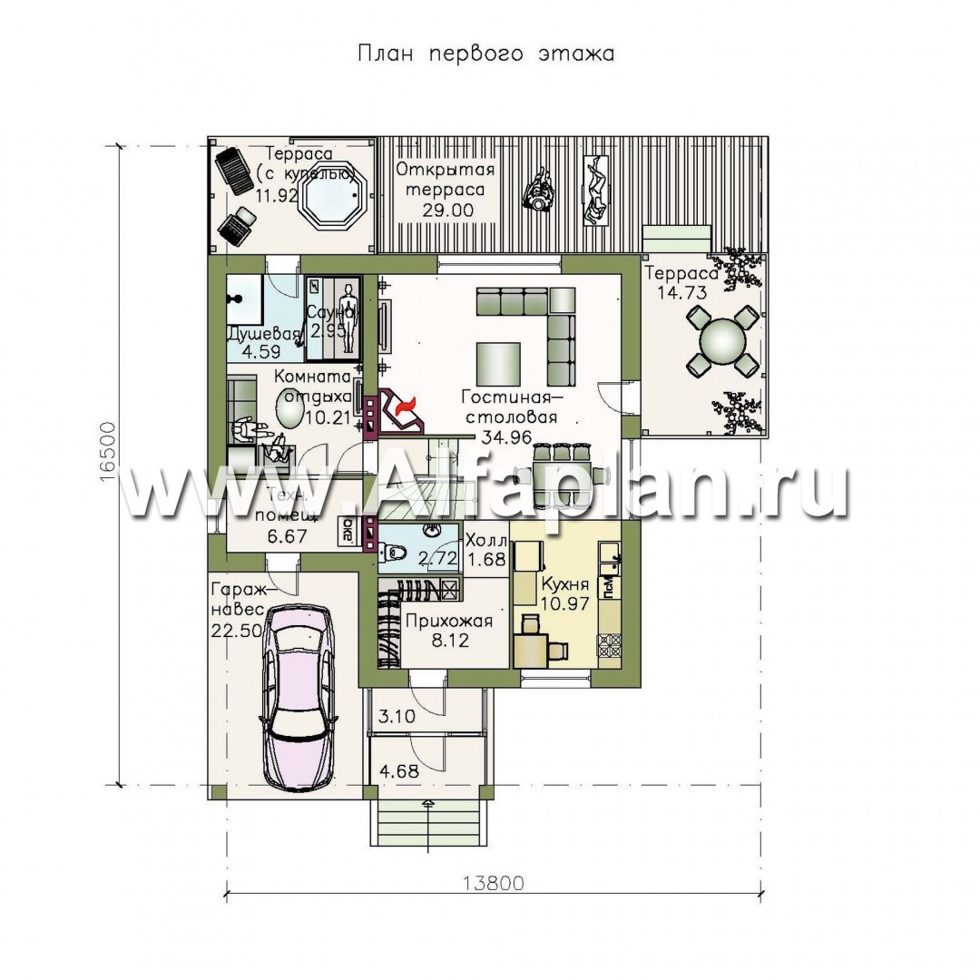 Изображение плана проекта «Фьорд» - проект дома с мансардой, с сауной и с террасой, навес на 1 авто, в скандинавском стиле №1