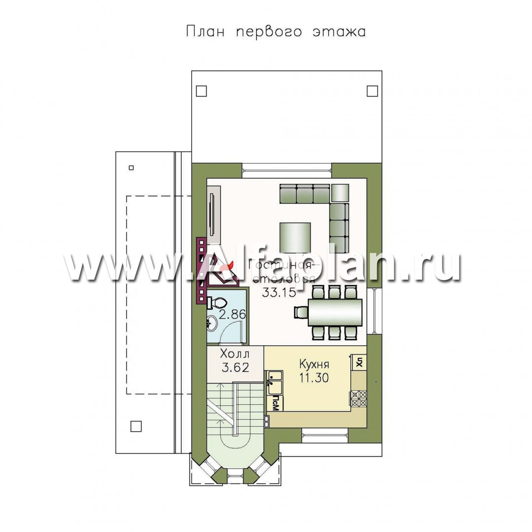 Изображение плана проекта Проект двухэтажного дома с мансардой, с террасой, с гаражом и сауной, цокольный этаж на уровне земли №2