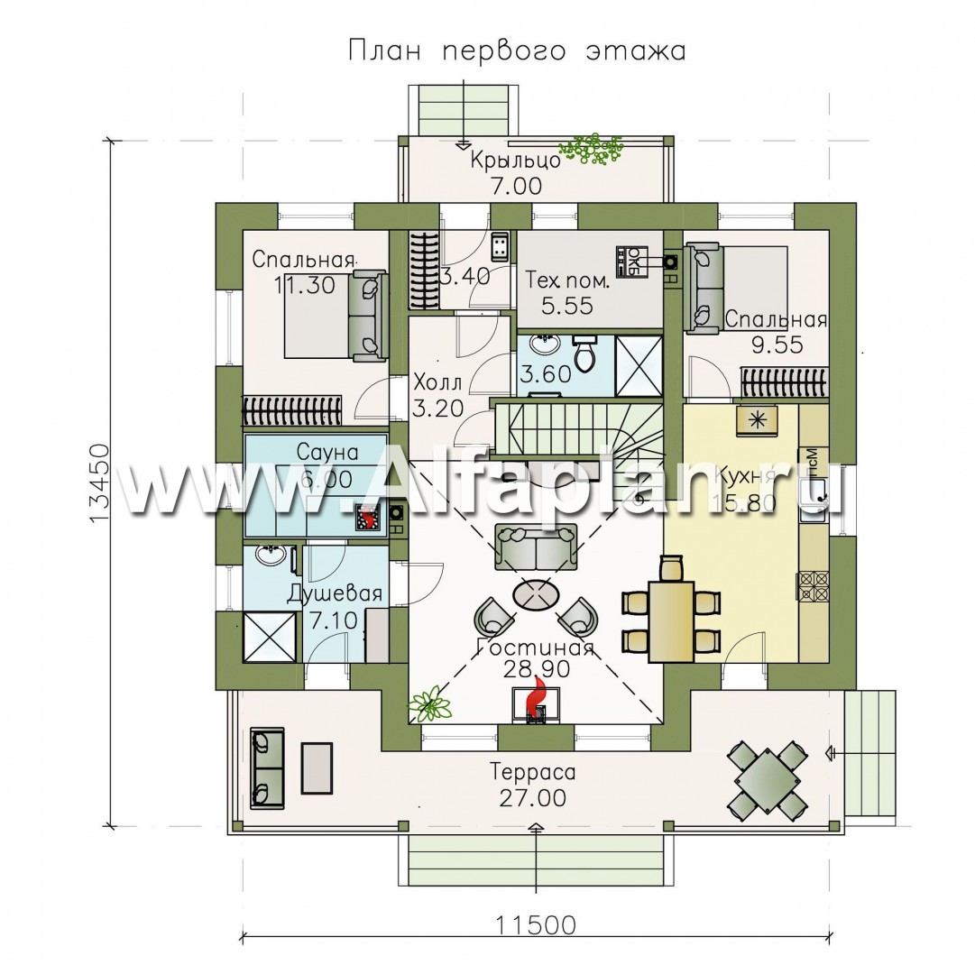 Изображение плана проекта «Моризо» - проект дома с мансардой, планировка с двусветной гостиной и сауной, шале с двускатной крышей №1