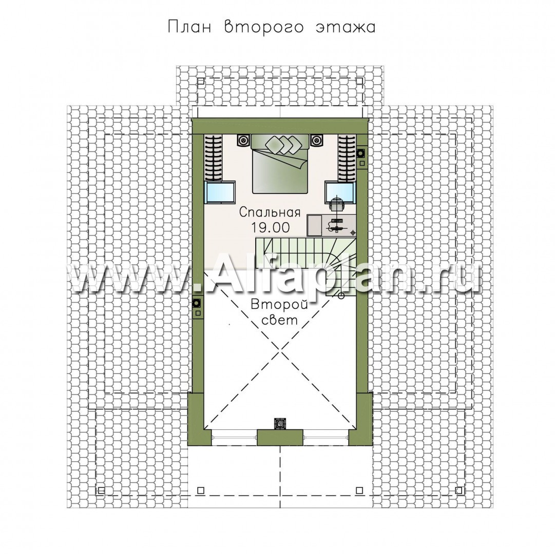 Изображение плана проекта «Моризо» - проект дома с мансардой, планировка с двусветной гостиной и сауной, шале с двускатной крышей №2