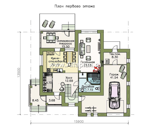 «Кваренги» - проект двухэтажного дома, с сауной, с террасой и просторной лоджией, гараж на 1 авто - превью план дома