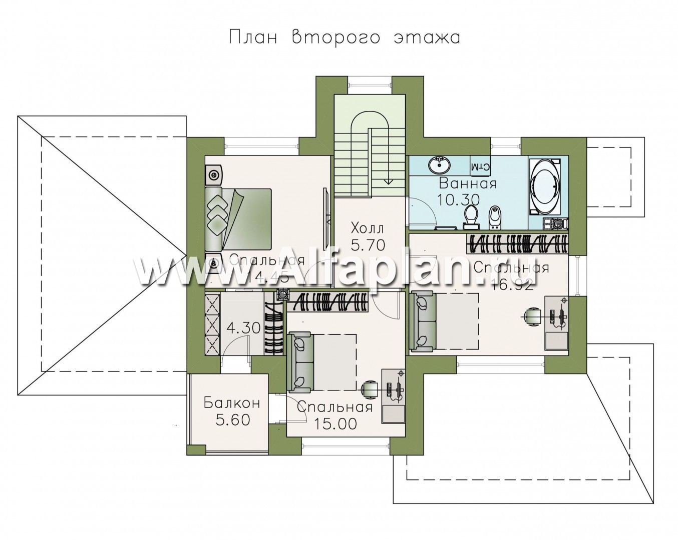 Изображение плана проекта «Саар»- проект двухэтажного дома, с террасой, с гостевой на 1 этаже, в стиле Райта, с сауной в пристройке №2