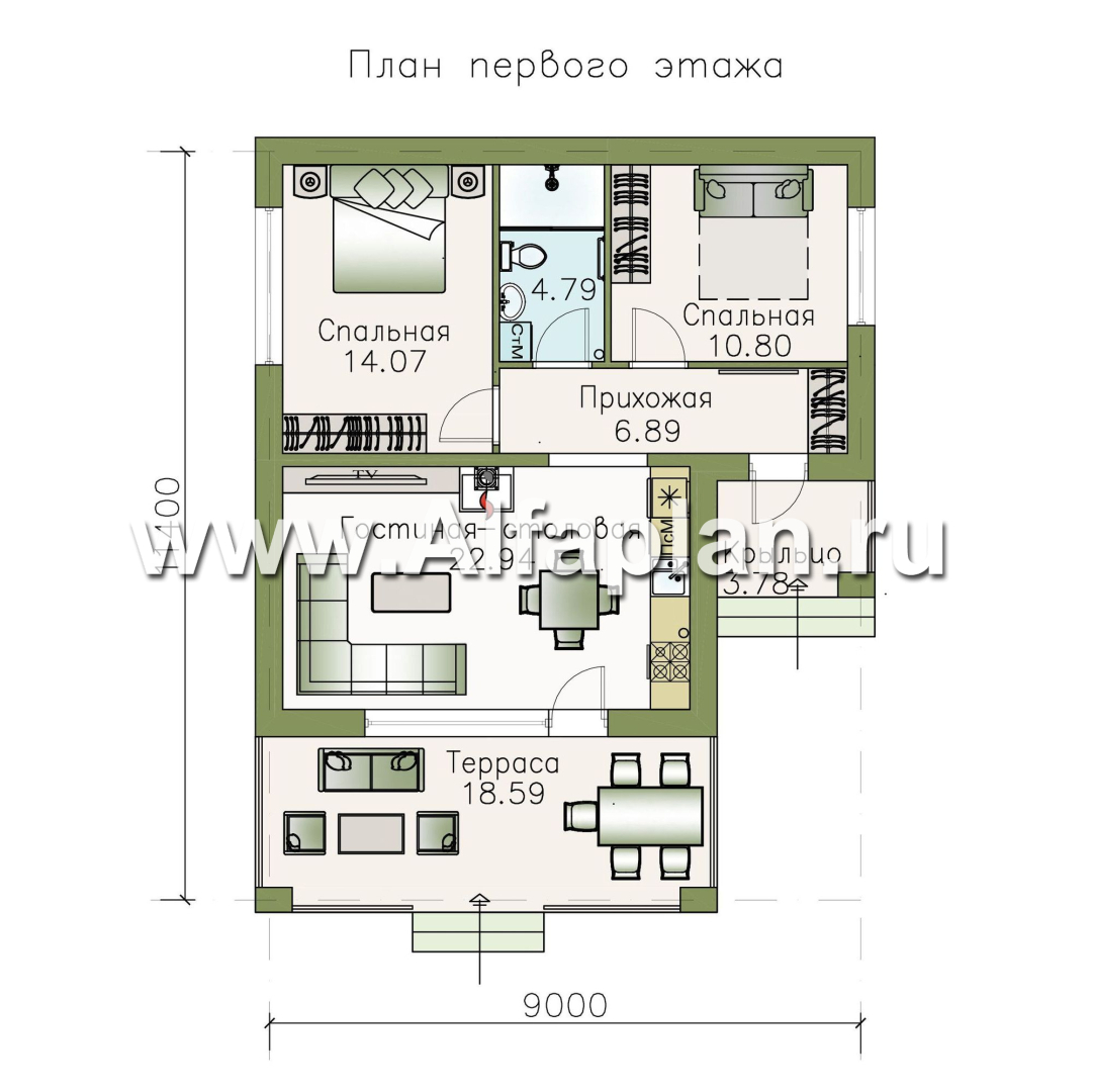 Проекты домов Альфаплан - «Виньон» - дачный дом с большой террасой - план проекта №1