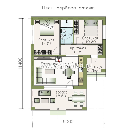 Проекты домов Альфаплан - «Виньон» - проект одноэтажного дома с большой террасой - превью плана проекта №1