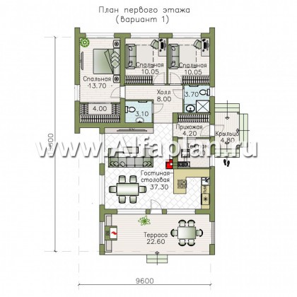 «Каппа» -  проект одноэтажного дома, с террасой, в стиле барн, 3 спальни или 2 спальни и сауна - превью план дома